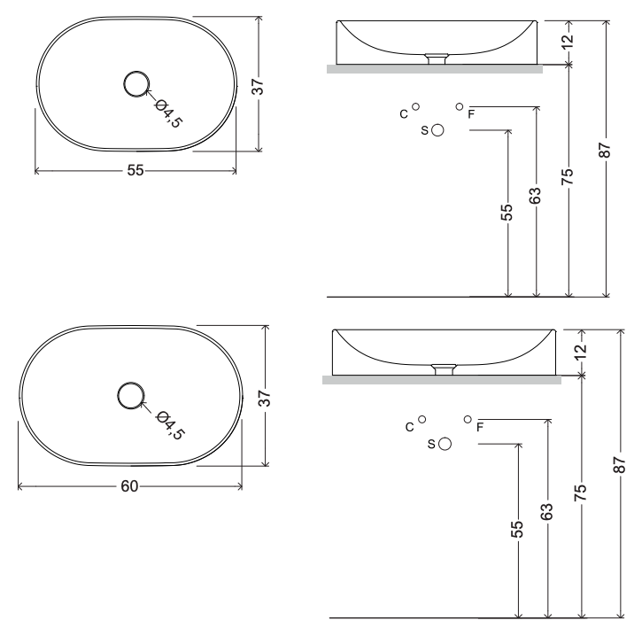 Схема Накладная раковина без перелива Pin Washbasin, NIC Design