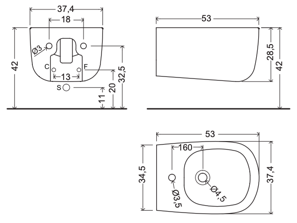 Схема Подвесное биде Ovvio Wall-Hung Bidet, NIC Design