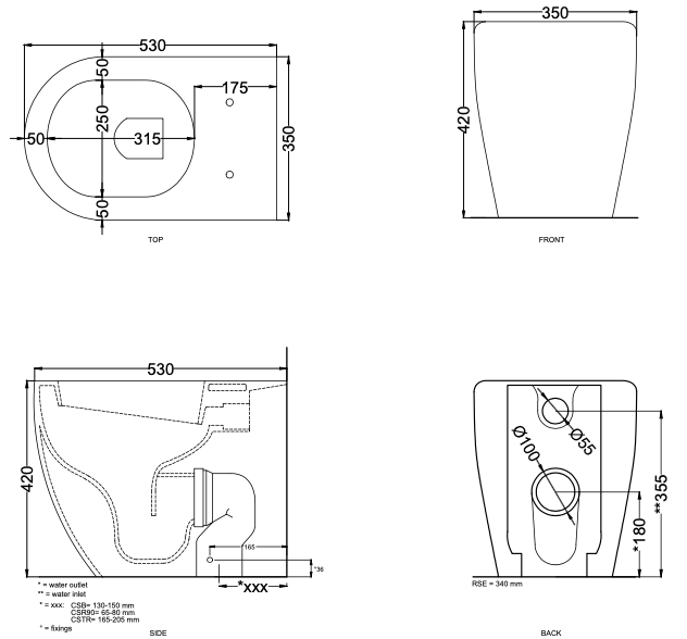 Схема Напольный унитаз со смещённым сливом Smile Back to Wall WC with Adjustable Water Inlet/Outlet, Cielo