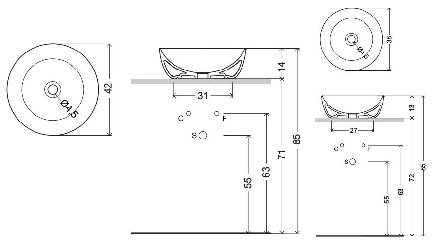 Схема Накладная раковина без перелива Ovvio Bacinella Washbasin, NIC Design