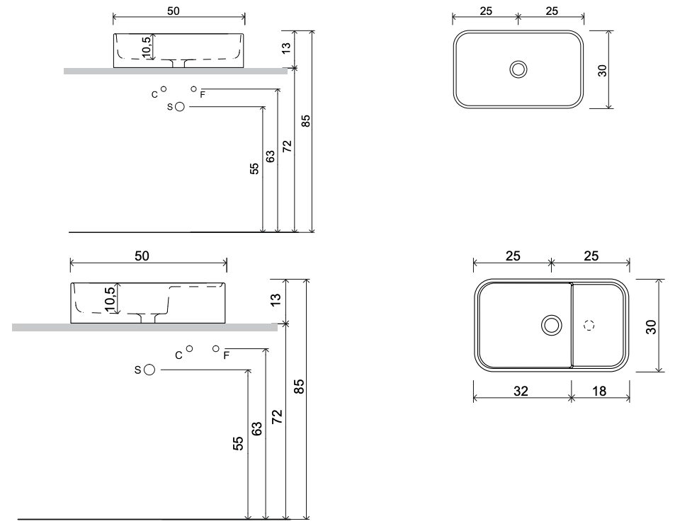 Схема Накладная раковина без перелива Mini Living Rettangolare Washbasin, NIC Design